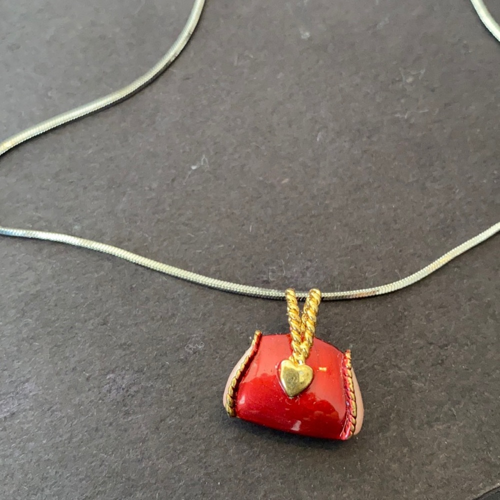 Silver tone 17” necklace with purse charm